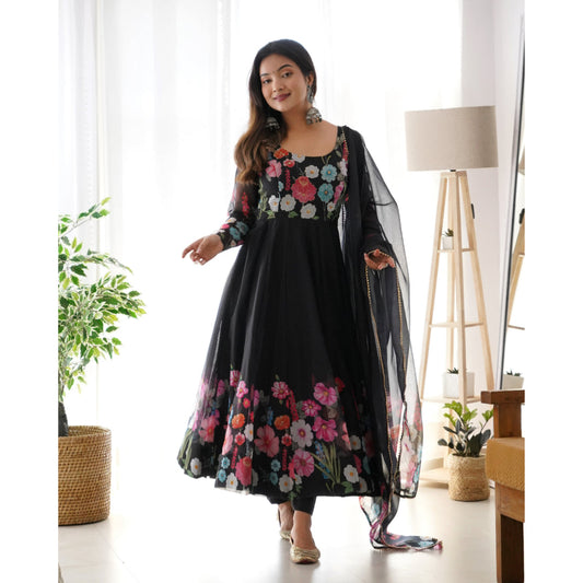 Black Color Pure Soft Organja Silk Fabric Fully Flair Kali Pattern And Canvas Patta With Dupatta Set Pent Ready To Wear