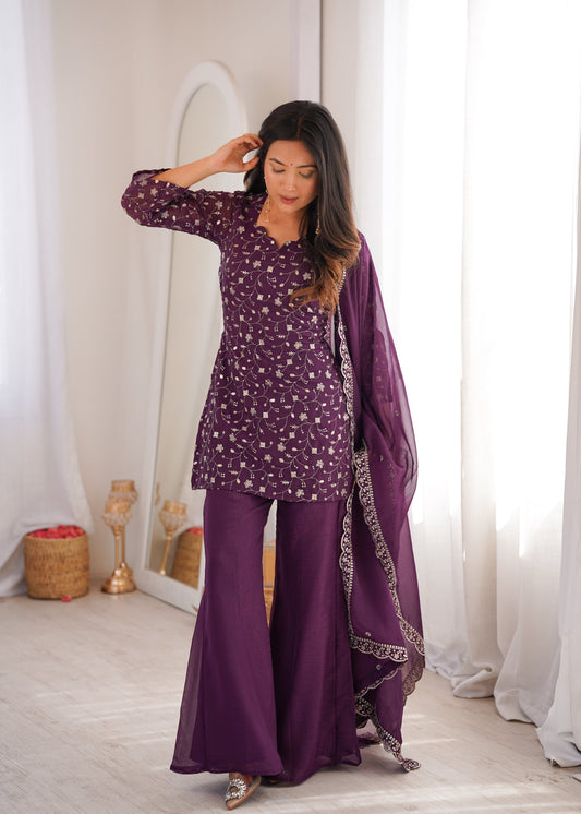 Dusty Mauve Color Crunchy Silk Embroidered Plazzo Suit