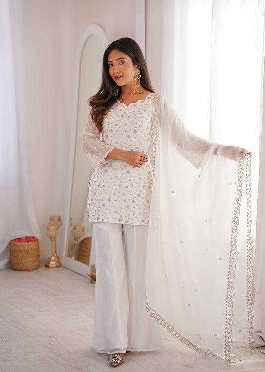 Off-White Color Crunchy Silk Embroidered Plazzo Suit