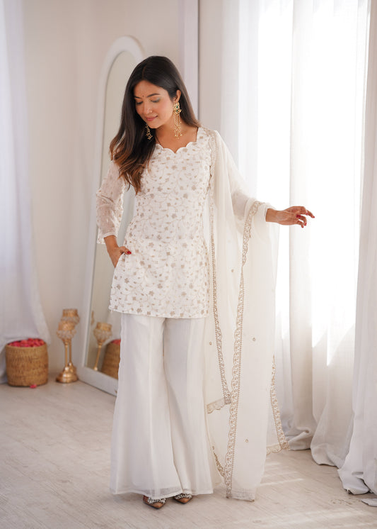 Off-White Color Crunchy Silk Embroidered Plazzo Suit