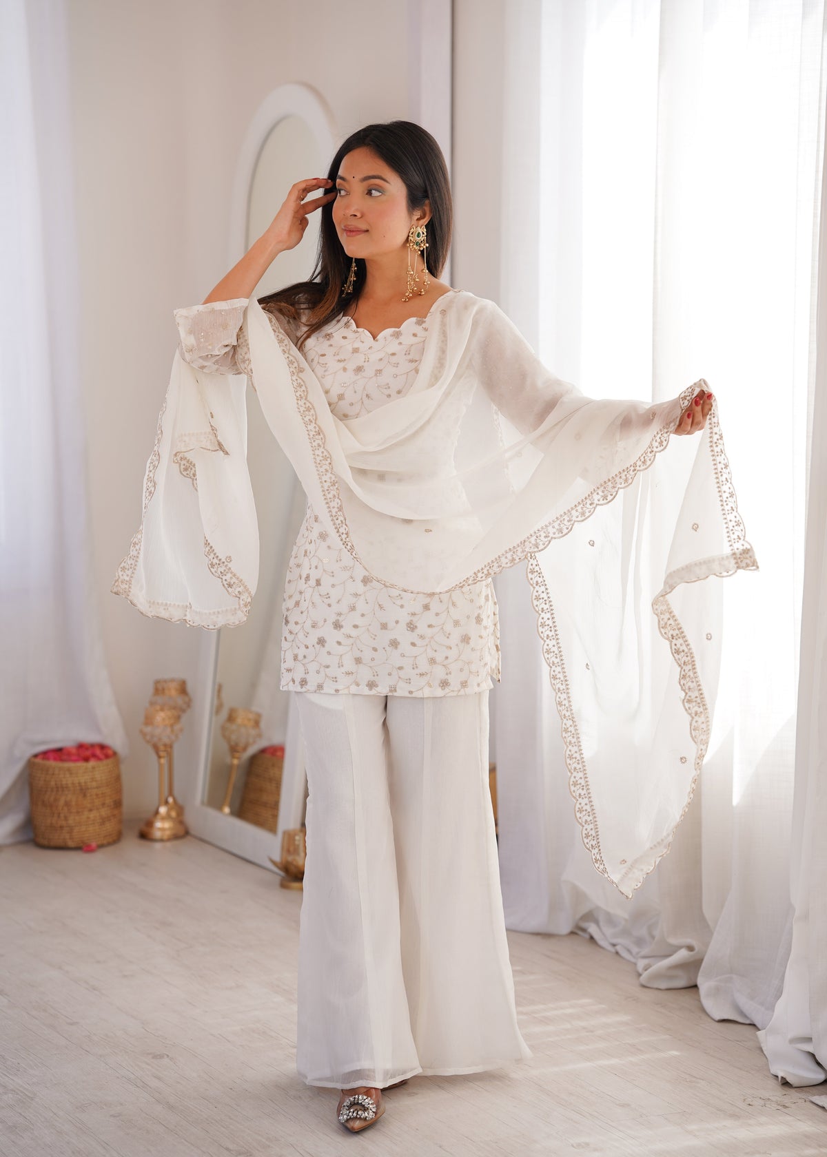 Off-White Color Crunchy Silk Embroidered Plazzo Suit