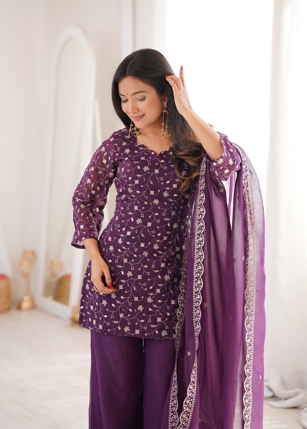 Dusty Mauve Color Crunchy Silk Embroidered Plazzo Suit