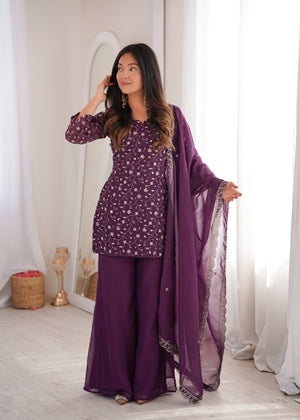 Dusty Mauve Color Crunchy Silk Embroidered Plazzo Suit