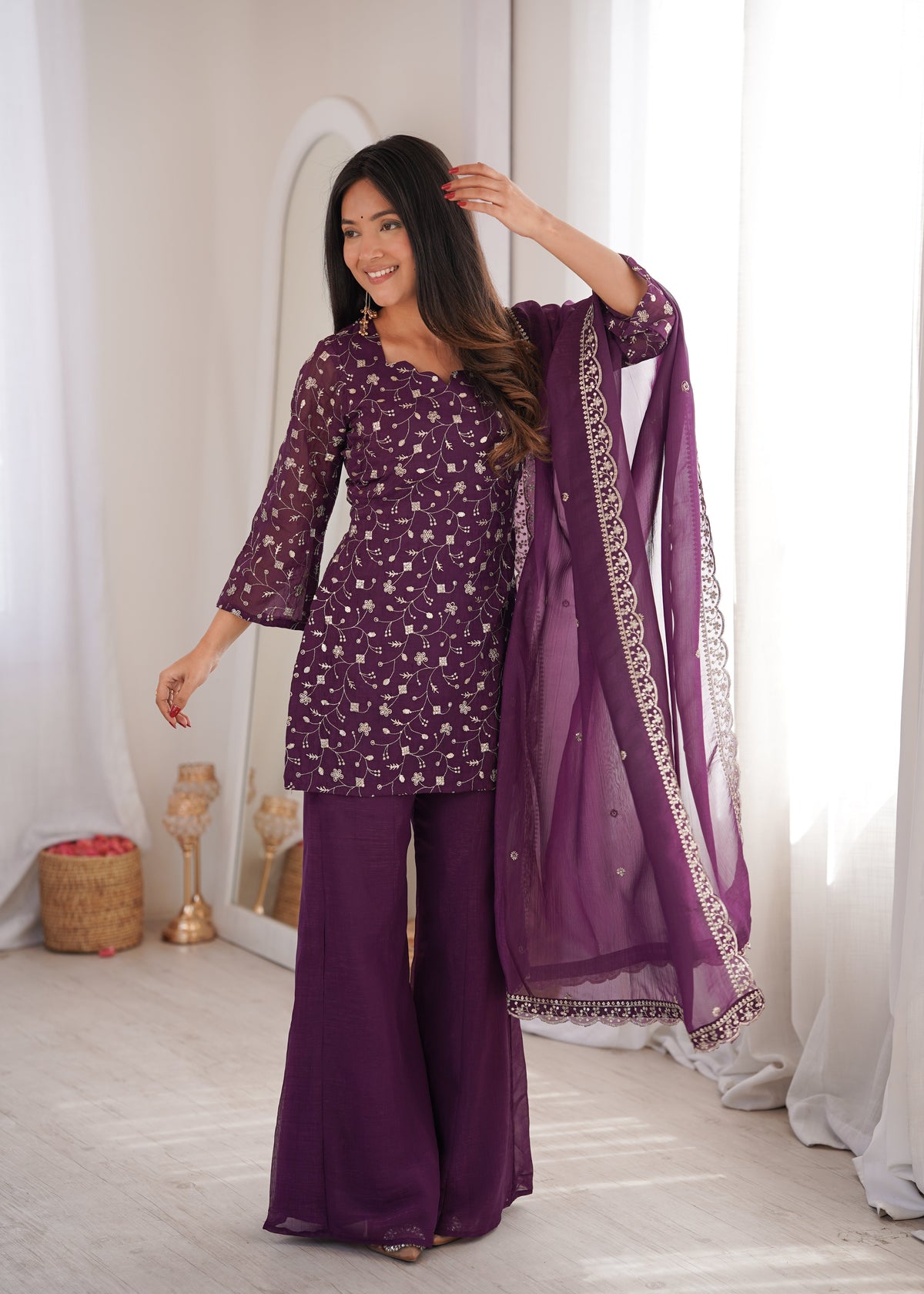 Dusty Mauve Color Crunchy Silk Embroidered Plazzo Suit