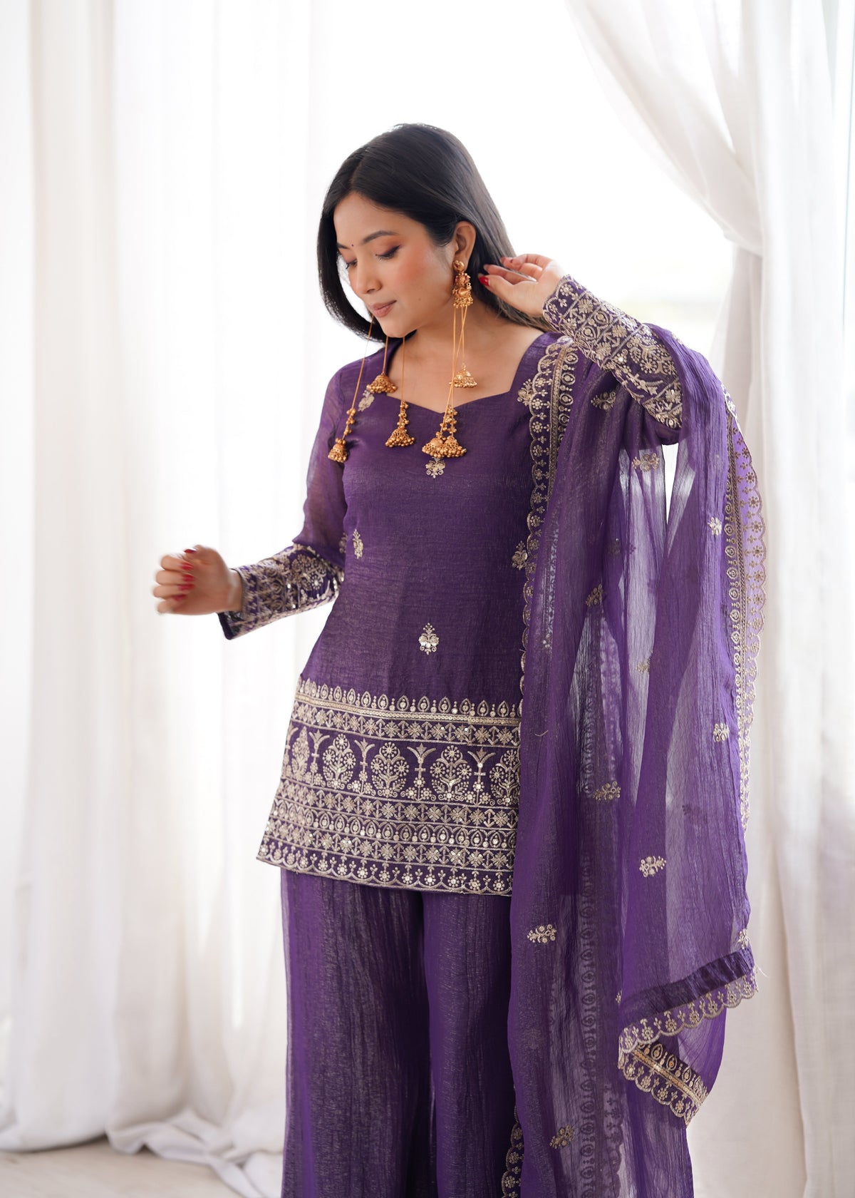 Purple Color Soft Crunchy Silk Sharara Suit