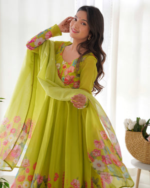 Neon Color Floral Print Organza Three Piece Anarkali Suit