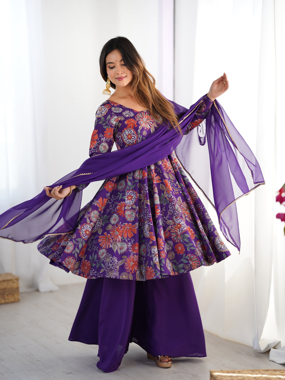 Purple Color Roman Silk Discharge Printed Plazzo Suit