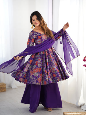Purple Color Roman Silk Discharge Printed Plazzo Suit