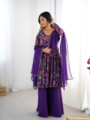 Purple Color Roman Silk Discharge Printed Plazzo Suit