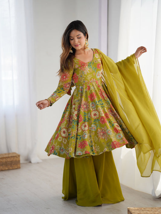 Mehndi Color Roman Silk Discharge Printed Plazzo Suit (Copy)