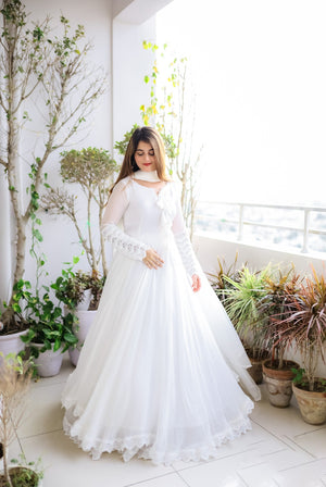Glorious White Color Lace Work Lovely Long Gown
