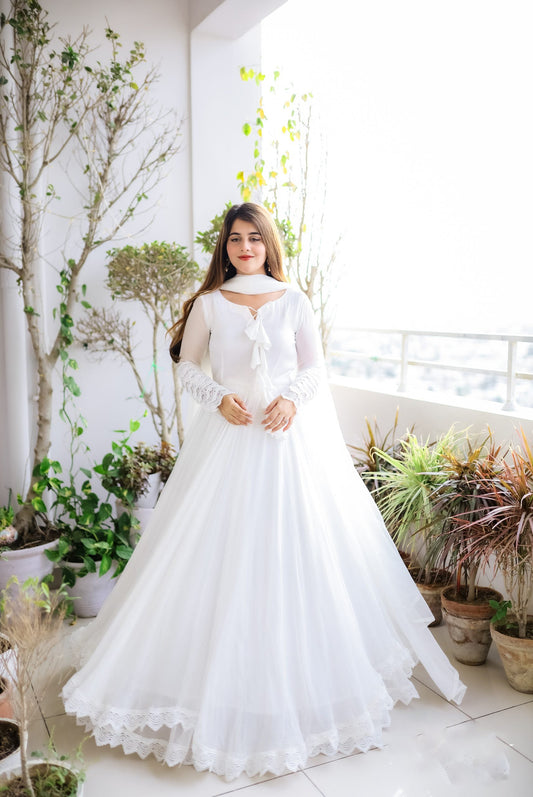 Glorious White Color Lace Work Lovely Long Gown