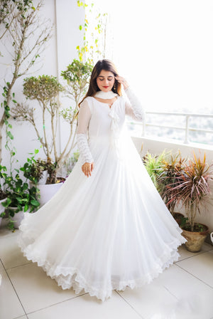 Glorious White Color Lace Work Lovely Long Gown
