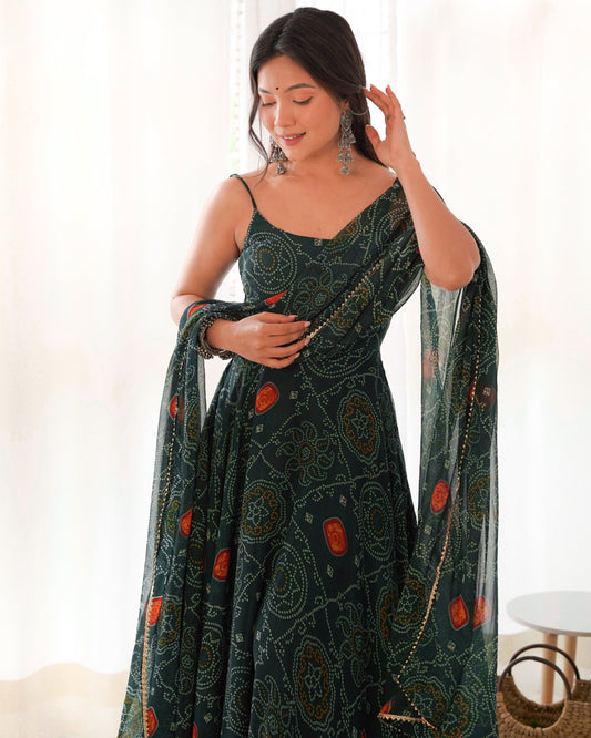 Floral Dark Green Color Bandhani Print Soft Chiffon Anarkali Gown