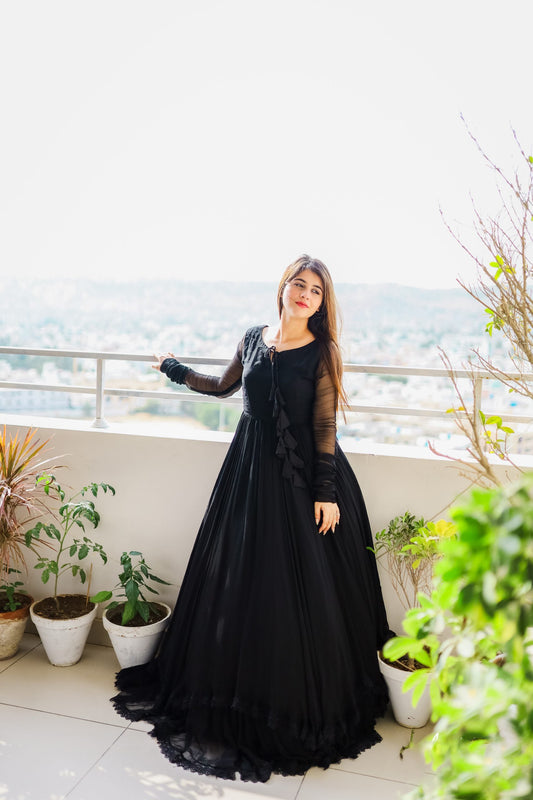 Demanding Black Color Lace Work Long Anarkali Gown