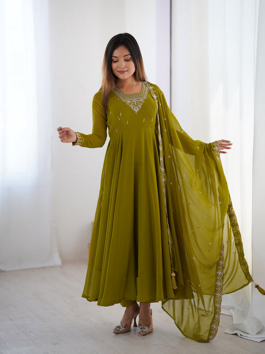 Mehndi Green Color Georgette Embroidered Three Piece Anarkali Suit