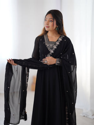 Black Color Georgette Embroidered Three Piece Anarkali Suit