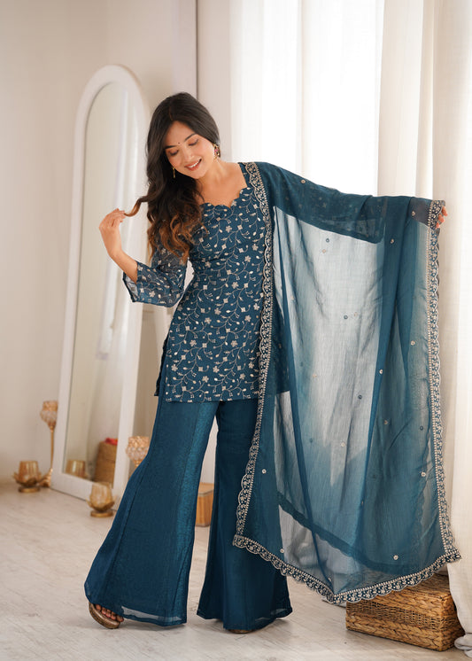 Teal Blue Color Crunchy Silk Embroidered Plazzo Suit
