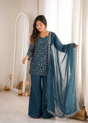 Teal Blue Color Crunchy Silk Embroidered Plazzo Suit