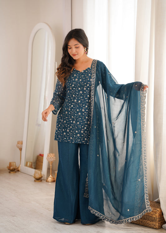 Teal Blue Color Crunchy Silk Embroidered Plazzo Suit