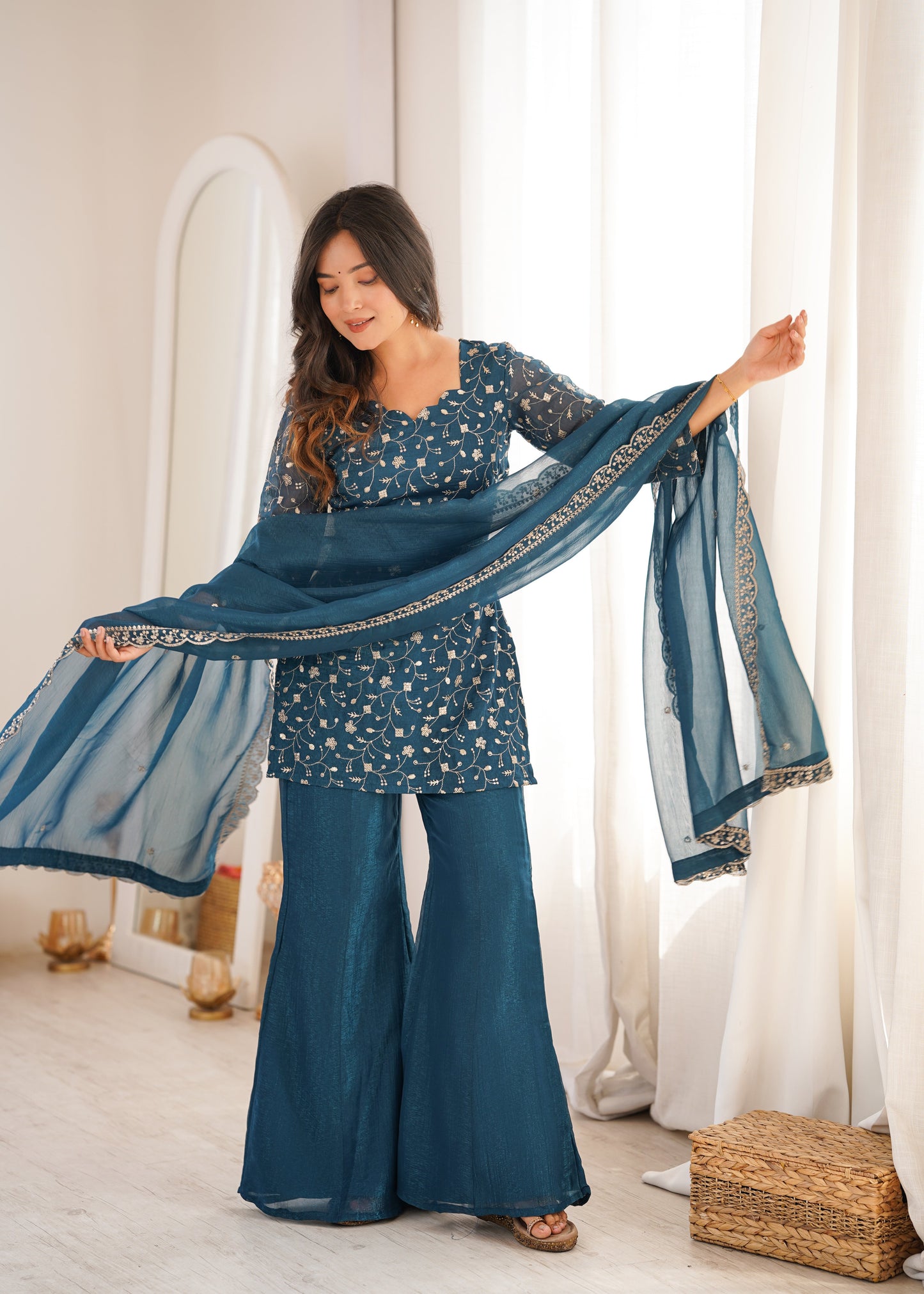 Teal Blue Color Crunchy Silk Embroidered Plazzo Suit
