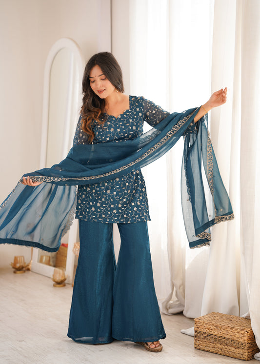 Teal Blue Color Crunchy Silk Embroidered Plazzo Suit