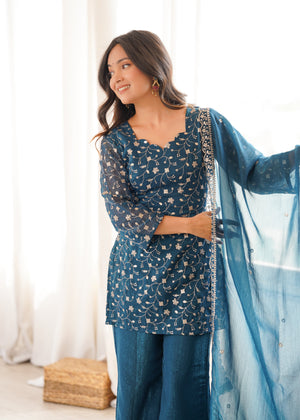 Teal Blue Color Crunchy Silk Embroidered Plazzo Suit