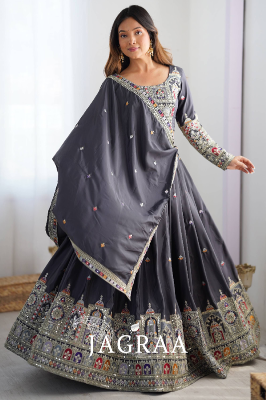 Incredible Silk Thread Embroidered Grey Traditional Lehenga Choli