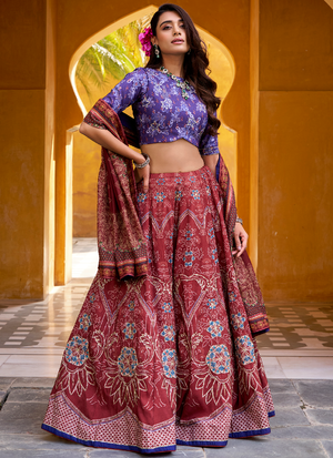 Indian Festival Special Printed Vaishali Silk Maroon Lehenga Choli Set