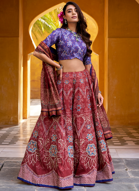 Indian Festival Special Printed Vaishali Silk Maroon Lehenga Choli Set