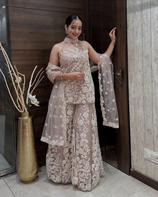 Luxury Beige Embroidered Sharara Suit for Women | Designer Wedding Party Wear by Jagraa