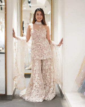 Luxury Beige Embroidered Sharara Suit for Women | Designer Wedding Party Wear by Jagraa