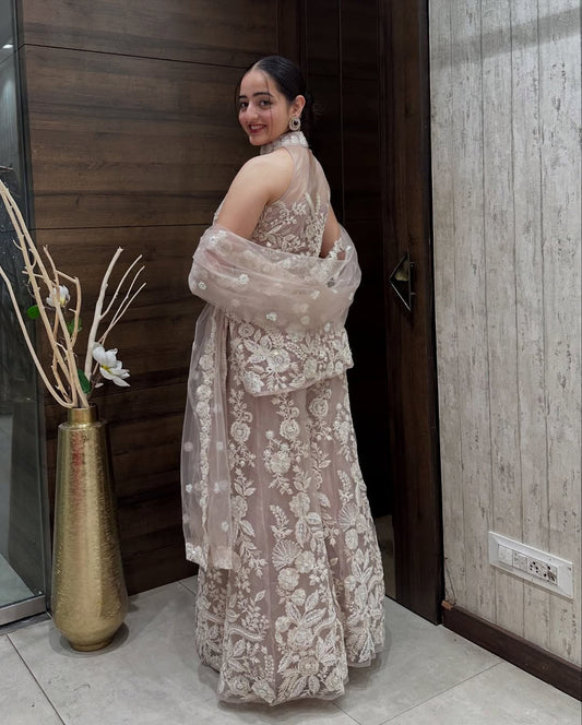Luxury Beige Embroidered Sharara Suit for Women | Designer Wedding Party Wear by Jagraa