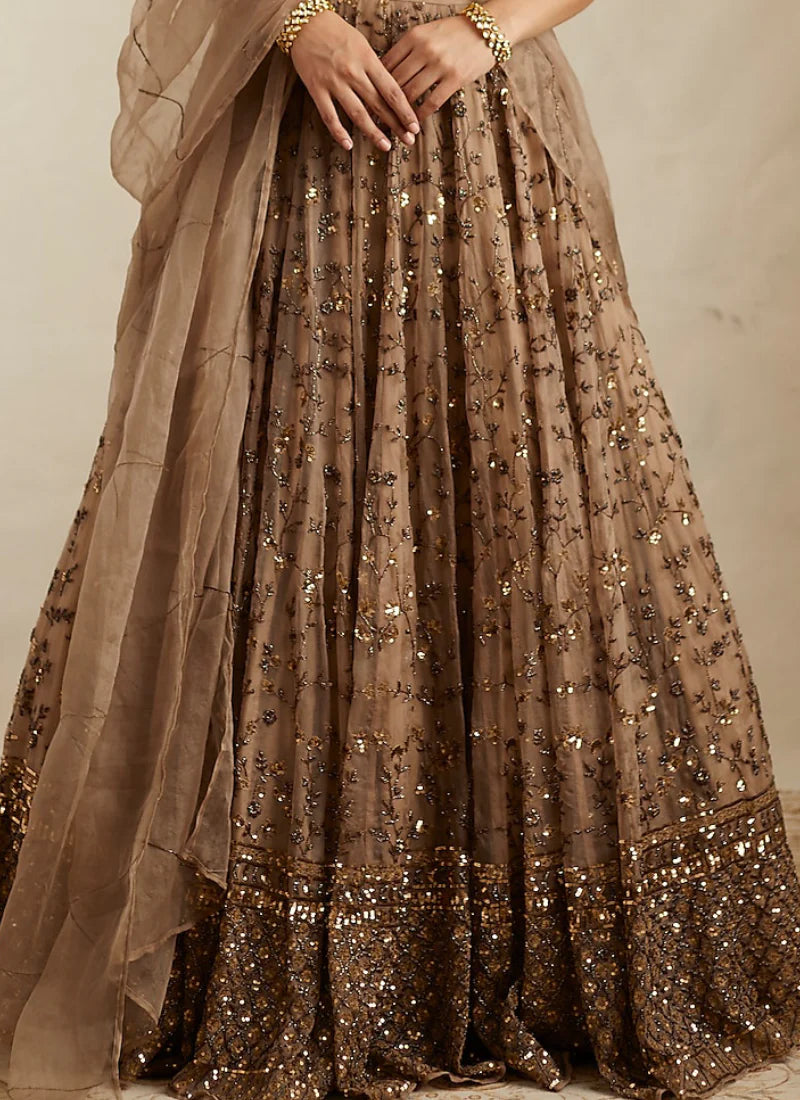 Brown Soft Net Sequence Zari Embroidery Lehenga Choli for Women Designer Wedding Wear by Jagraa