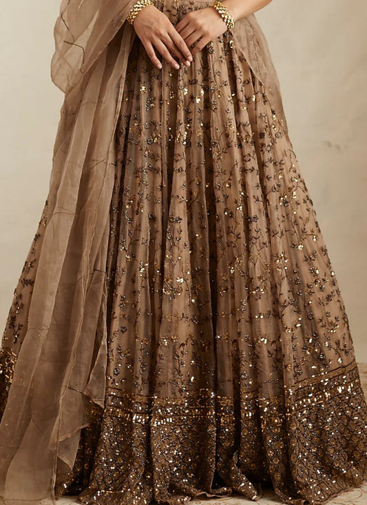 Brown Soft Net Sequence Zari Embroidery Lehenga Choli for Women Designer Wedding Wear by Jagraa
