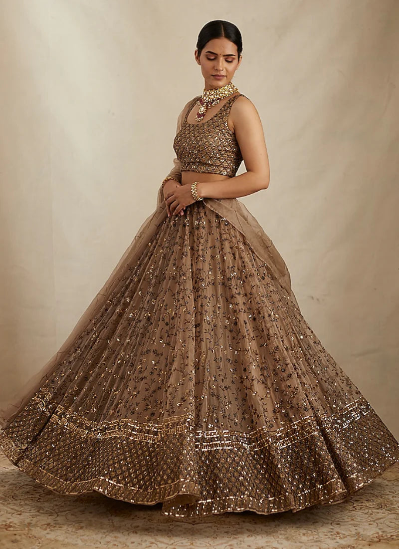Brown Soft Net Sequence Zari Embroidery Lehenga Choli for Women Designer Wedding Wear by Jagraa