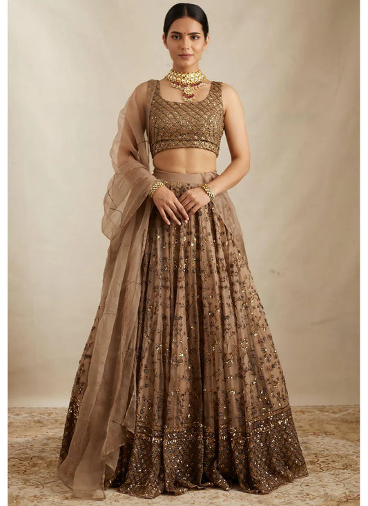 Brown Soft Net Sequence Zari Embroidery Lehenga Choli for Women Designer Wedding Wear by Jagraa
