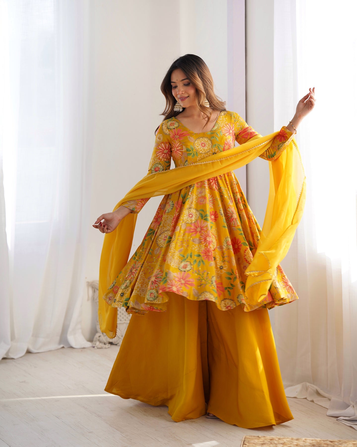 Designer Mustard Yellow Floral Printed Peplum Kurti Sharara Set with Dupatta for Women | Festive & Party Wear by Jagraa
