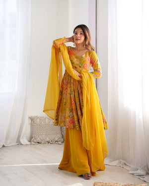 Designer Mustard Yellow Floral Printed Peplum Kurti Sharara Set with Dupatta for Women | Festive & Party Wear by Jagraa