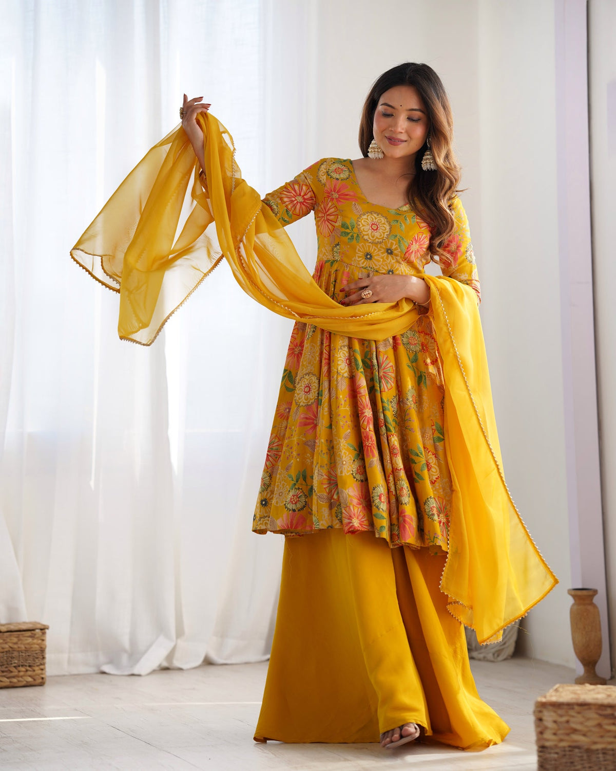 Designer Mustard Yellow Floral Printed Peplum Kurti Sharara Set with Dupatta for Women | Festive & Party Wear by Jagraa