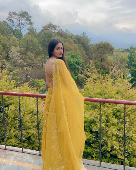 Designer Mustard Yellow Mirror Work Sharara Set with Dupatta for Women | Haldi & Festive Wear by Jagraa