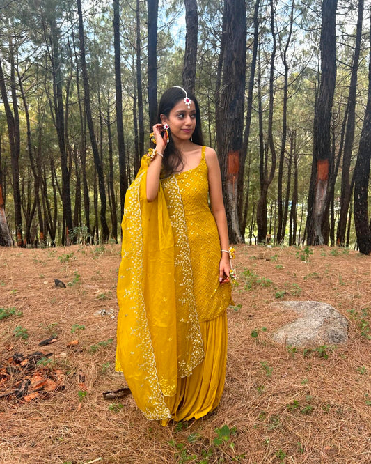 Designer Mustard Yellow Mirror Work Sharara Set with Dupatta for Women | Haldi & Festive Wear by Jagraa