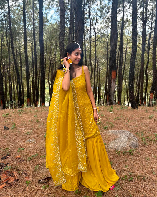 Designer Mustard Yellow Mirror Work Sharara Set with Dupatta for Women | Haldi & Festive Wear by Jagraa