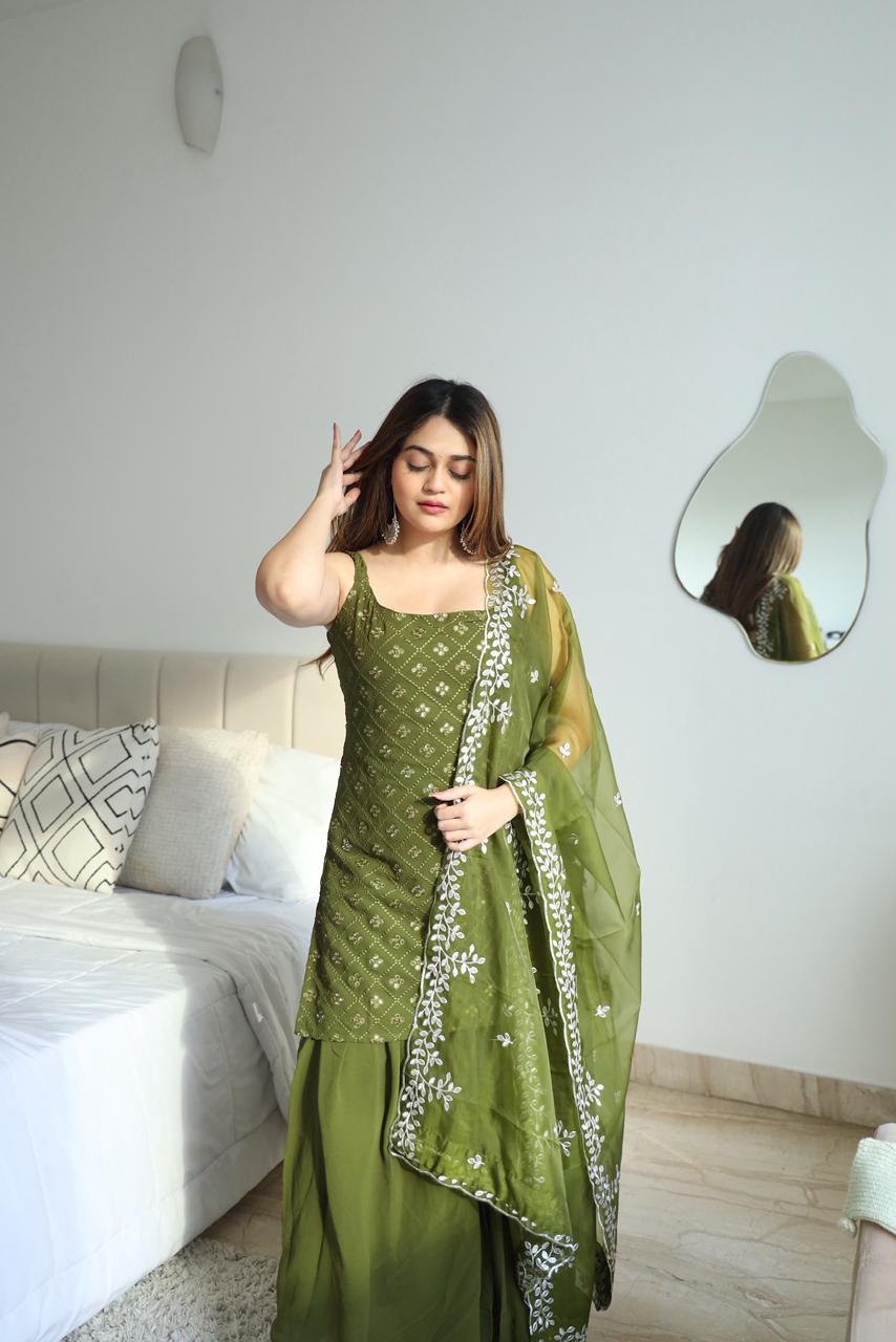 Designer Olive Green Embroidered Sharara Set with Dupatta for Women | Festive & Party Wear by Jagraa
