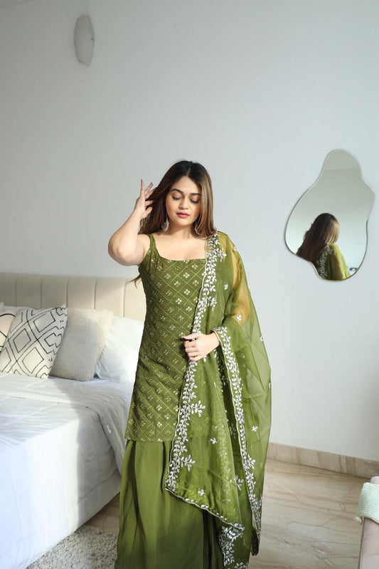 Designer Olive Green Embroidered Sharara Set with Dupatta for Women | Festive & Party Wear by Jagraa