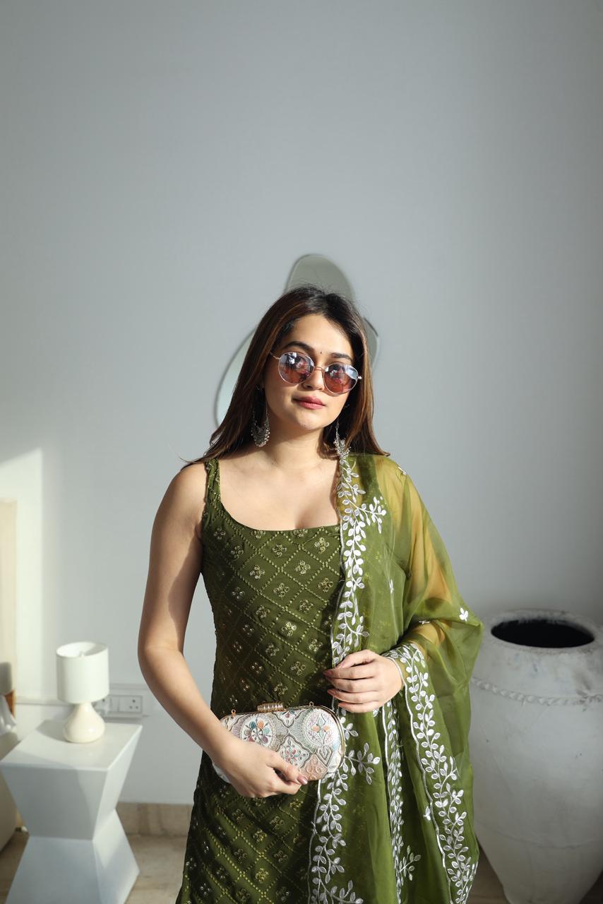Designer Olive Green Embroidered Sharara Set with Dupatta for Women | Festive & Party Wear by Jagraa