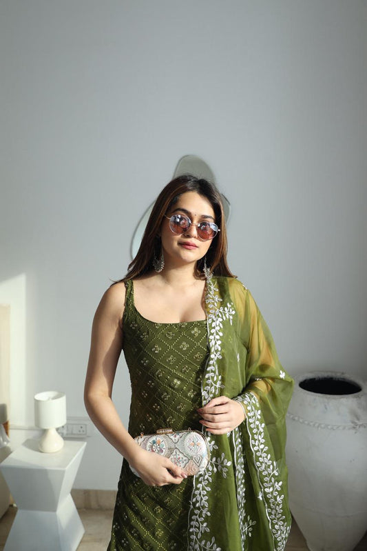 Designer Olive Green Embroidered Sharara Set with Dupatta for Women | Festive & Party Wear by Jagraa