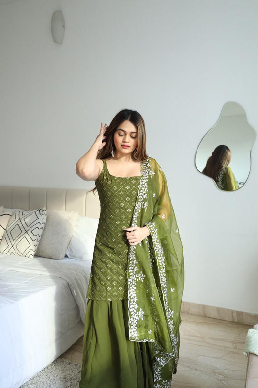 Designer Olive Green Embroidered Sharara Set with Dupatta for Women | Festive & Party Wear by Jagraa