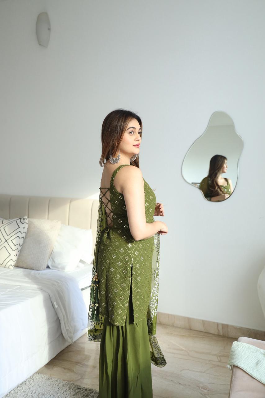 Designer Olive Green Embroidered Sharara Set with Dupatta for Women | Festive & Party Wear by Jagraa
