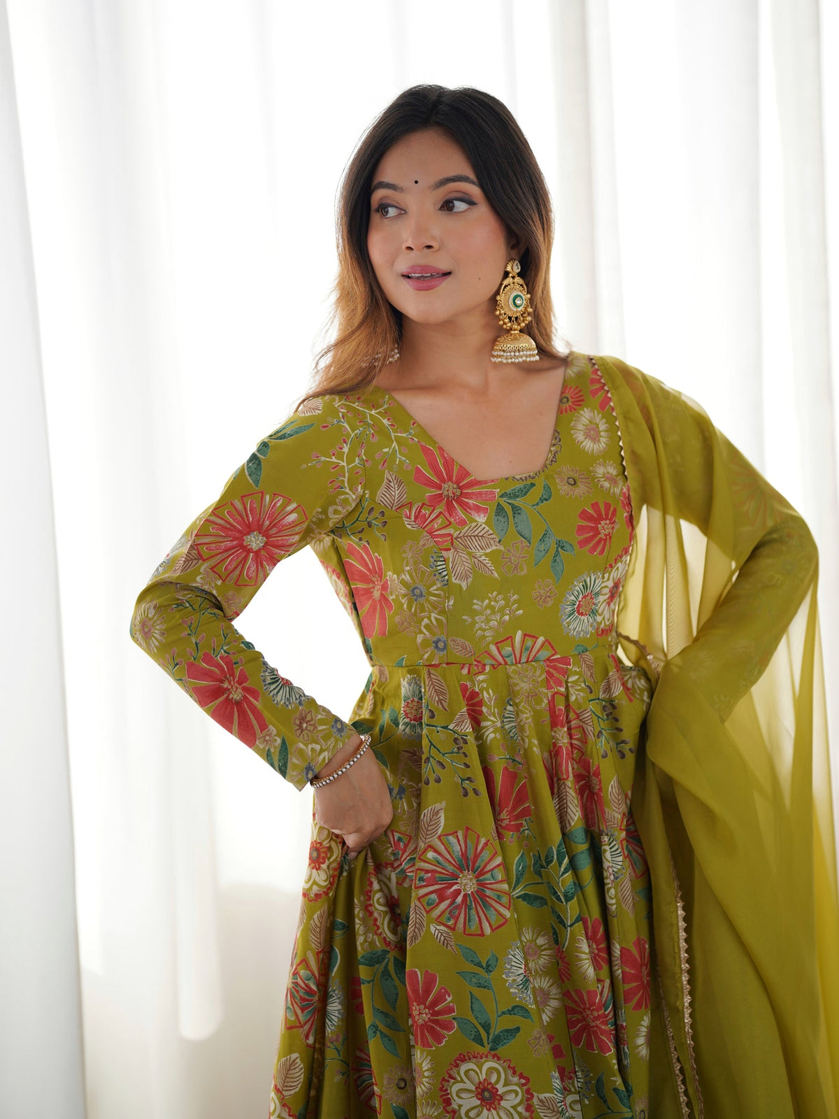 Designer Olive Green Floral Printed Peplum Kurti Sharara Set with Dupatta for Women | Festive & Party Wear by Jagraa